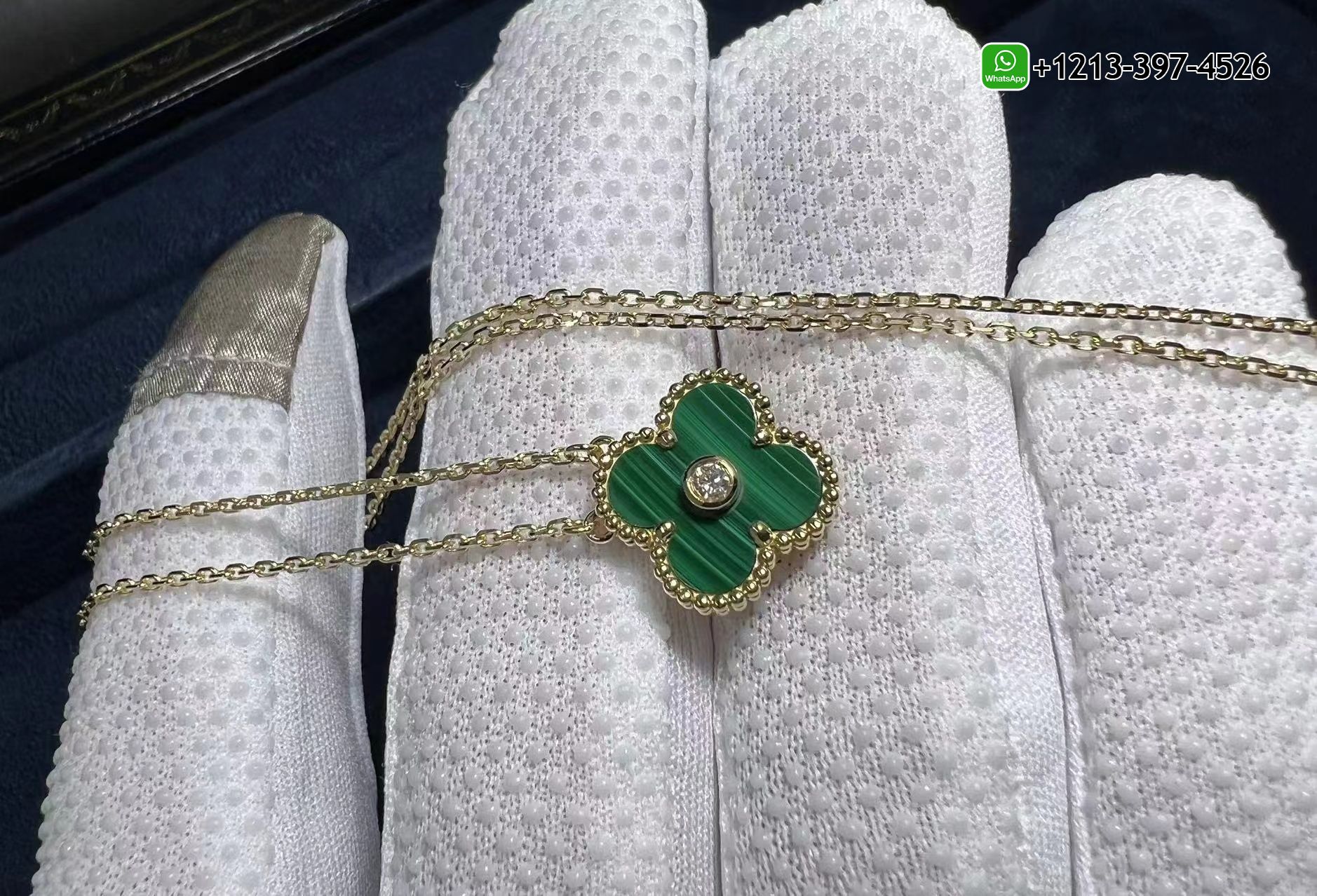 Custom-Van-Cleef-Arpels-18K-Yellow-Gold-Diamond-Malachite-Vintage-Alhambra-Holiday-Pendant-Necklace-2.jpg Custom Made Van Cleef & Arpels 18K Yellow Gold Diamond Malachite Vintage Alhambra Holiday Pendant Necklace - High Quality 18k Gold and Diamond Luxury Distinctive Collection Designer Jewelry Customized Factory Price - Image 3