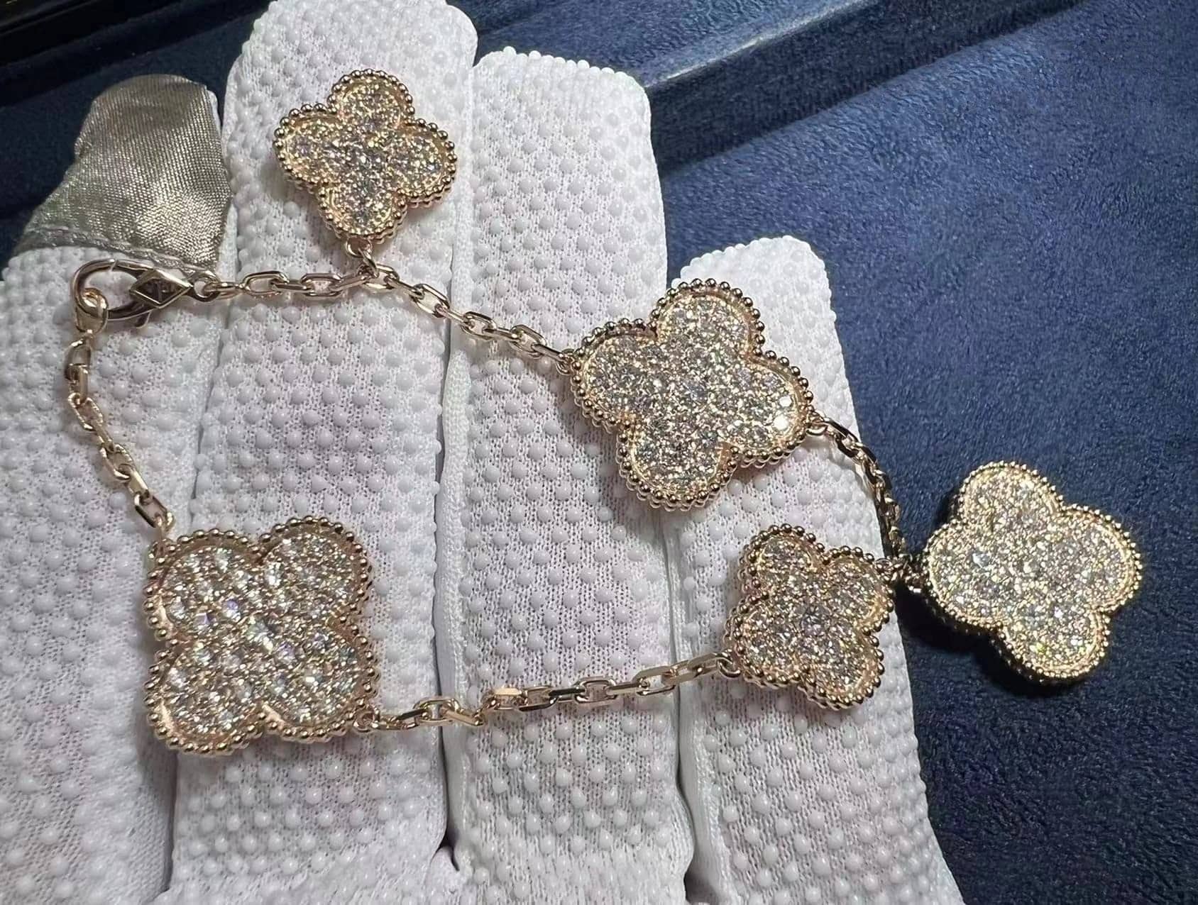 custom van cleef arpels magic alhambra 5 motif full pave diamond 18k rose gold bracelet