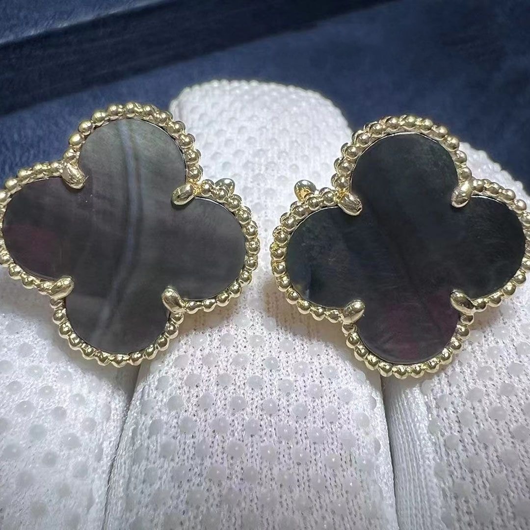 custom van cleef arpels magic alhambra gray mother of peal 18k rose gold earrings