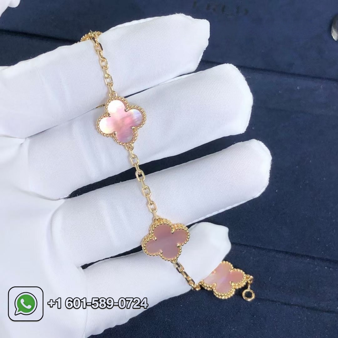 custom van cleef arpels pink mother of pearl vintage alhambra 5 motif 18k yellow gold bracelet 1