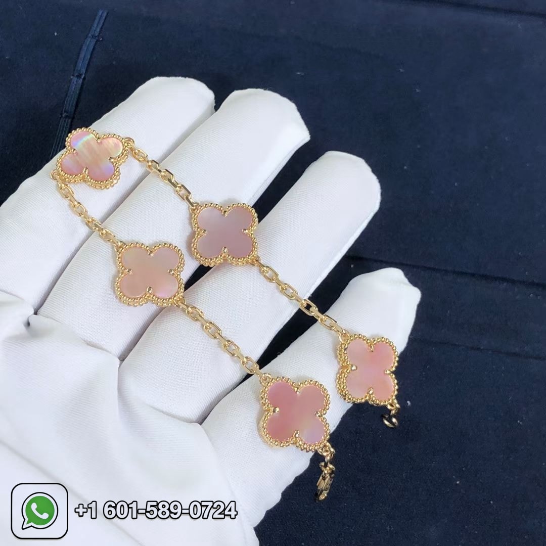 custom van cleef arpels pink mother of pearl vintage alhambra 5 motif 18k yellow gold bracelet 2 1
