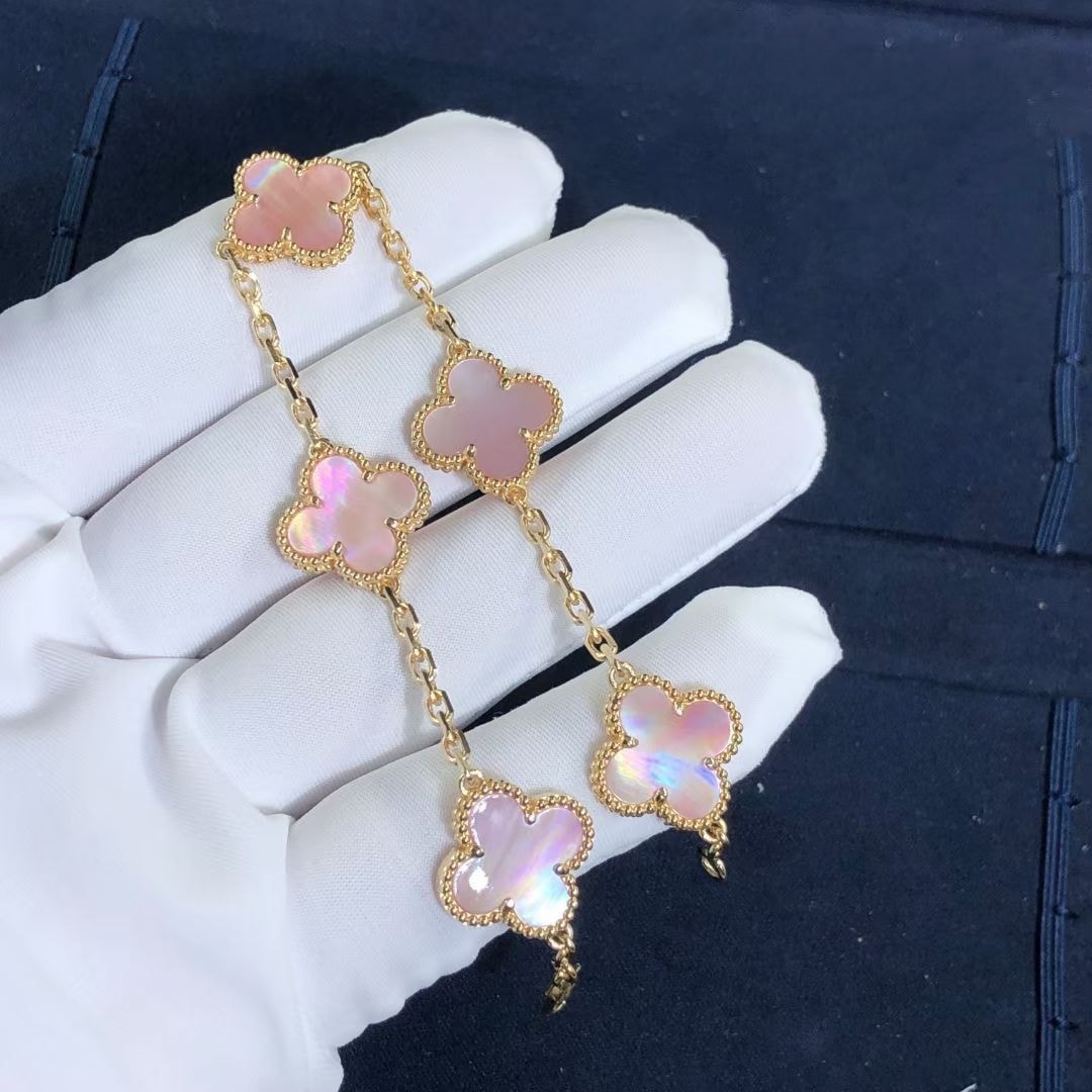 custom van cleef arpels pink mother of pearl vintage alhambra 5 motif 18k yellow gold bracelet