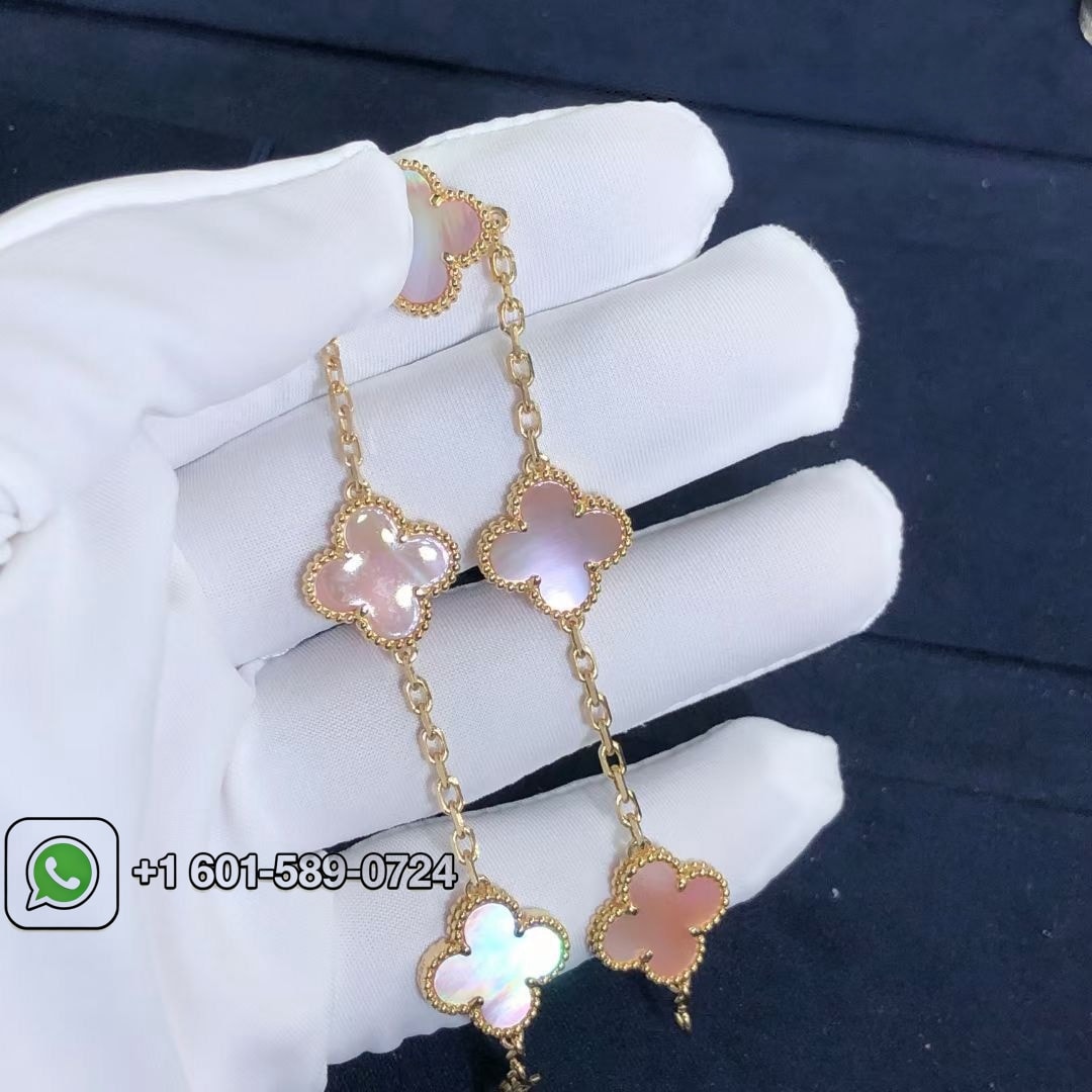 custom van cleef arpels pink mother of pearl vintage alhambra 5 motif 18k yellow gold bracelet 3