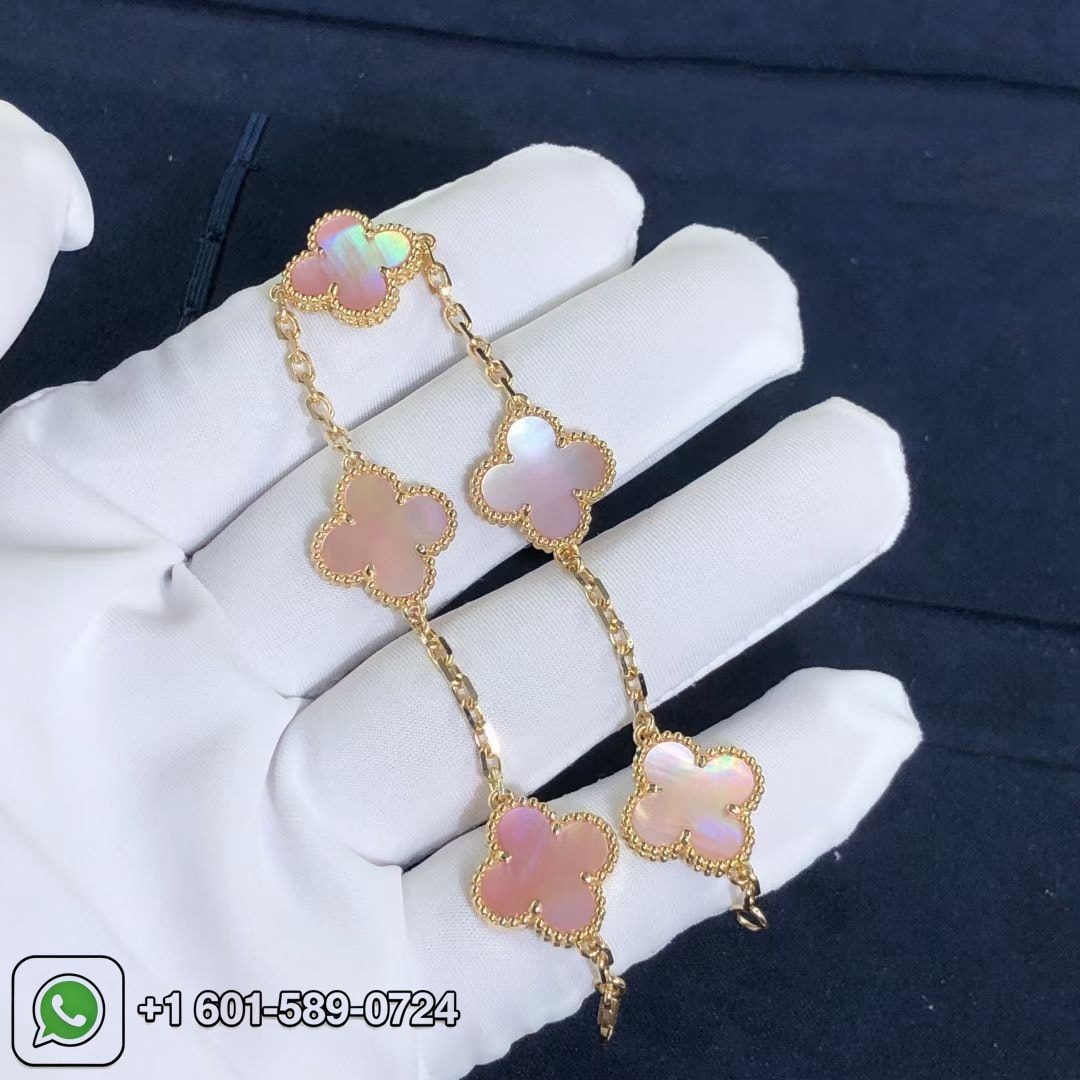 custom van cleef arpels pink mother of pearl vintage alhambra 5 motif 18k yellow gold bracelet 4