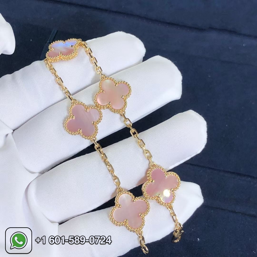 custom van cleef arpels pink mother of pearl vintage alhambra 5 motif 18k yellow gold bracelet 5