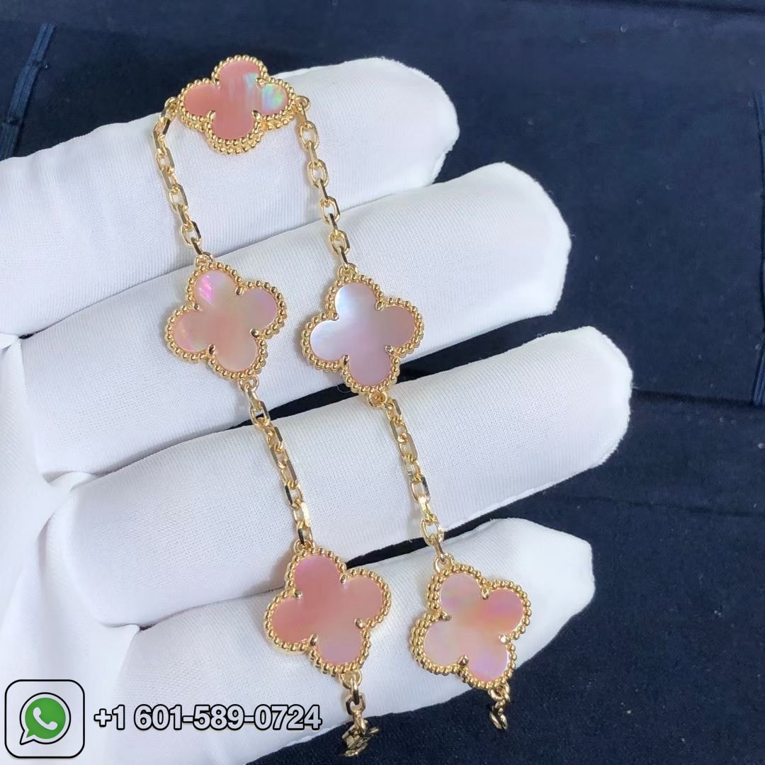 custom van cleef arpels pink mother of pearl vintage alhambra 5 motif 18k yellow gold bracelet 6