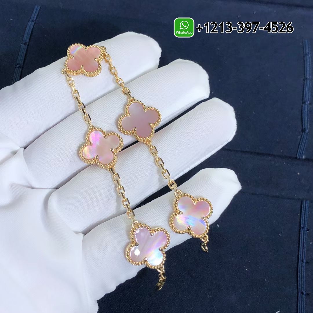 1:1 Best Quality Cheap Van Cleef & Arpels Pink Mother of Pearl Vintage Alhambra 5 Motif 18k Yellow Gold Bracelet - High Quality 18k Gold and Diamond Luxury Distinctive Collection Designer Jewelry Customized Factory Price