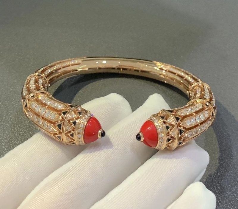 high jewelry cartier art deco inspired 18k rose gold 12.73ct diamond coral black lacquer onyx bracelet 1