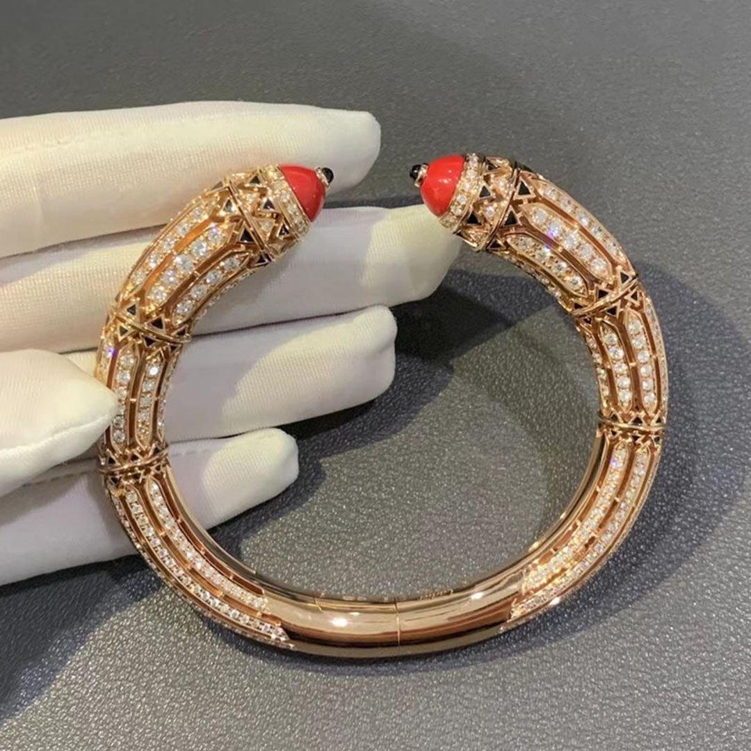 high jewelry cartier art deco inspired 18k rose gold 12.73ct diamond coral black lacquer onyx bracelet