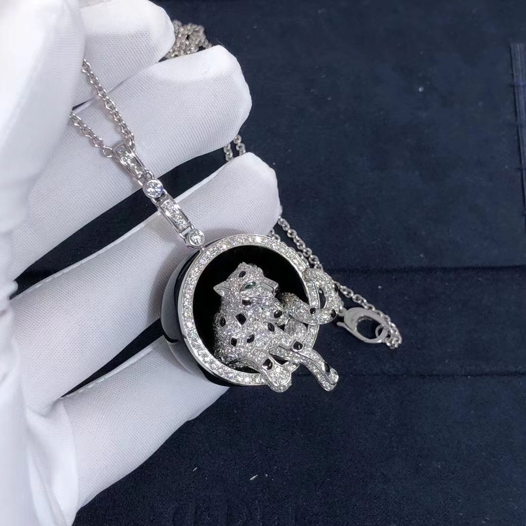 panthere de cartier 18k white gold black jade diamonds onyx emeralds necklace n3109300