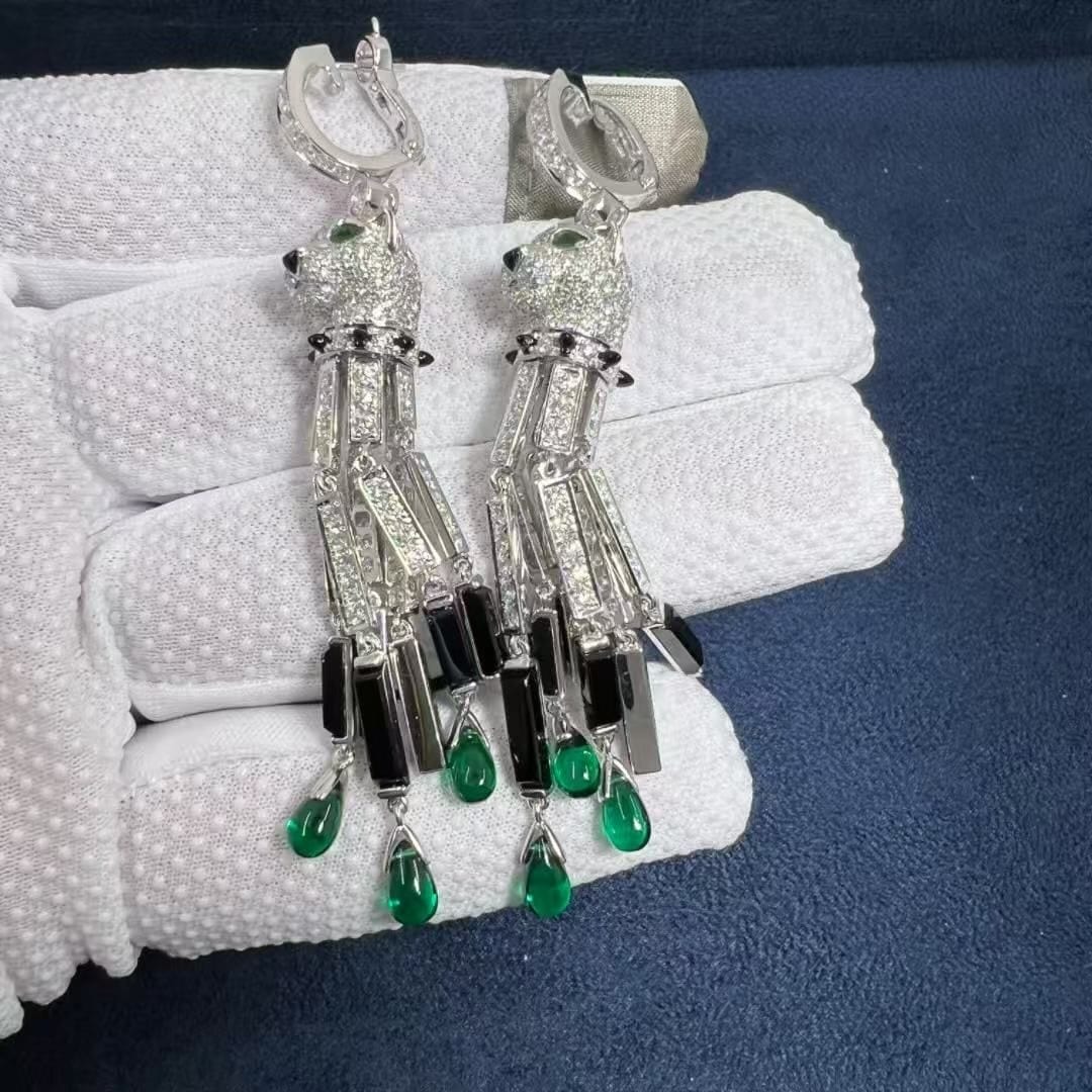 panthere de cartier 18k white gold pave diamond onyx emeralds tassels earrings hp800976 4 1
