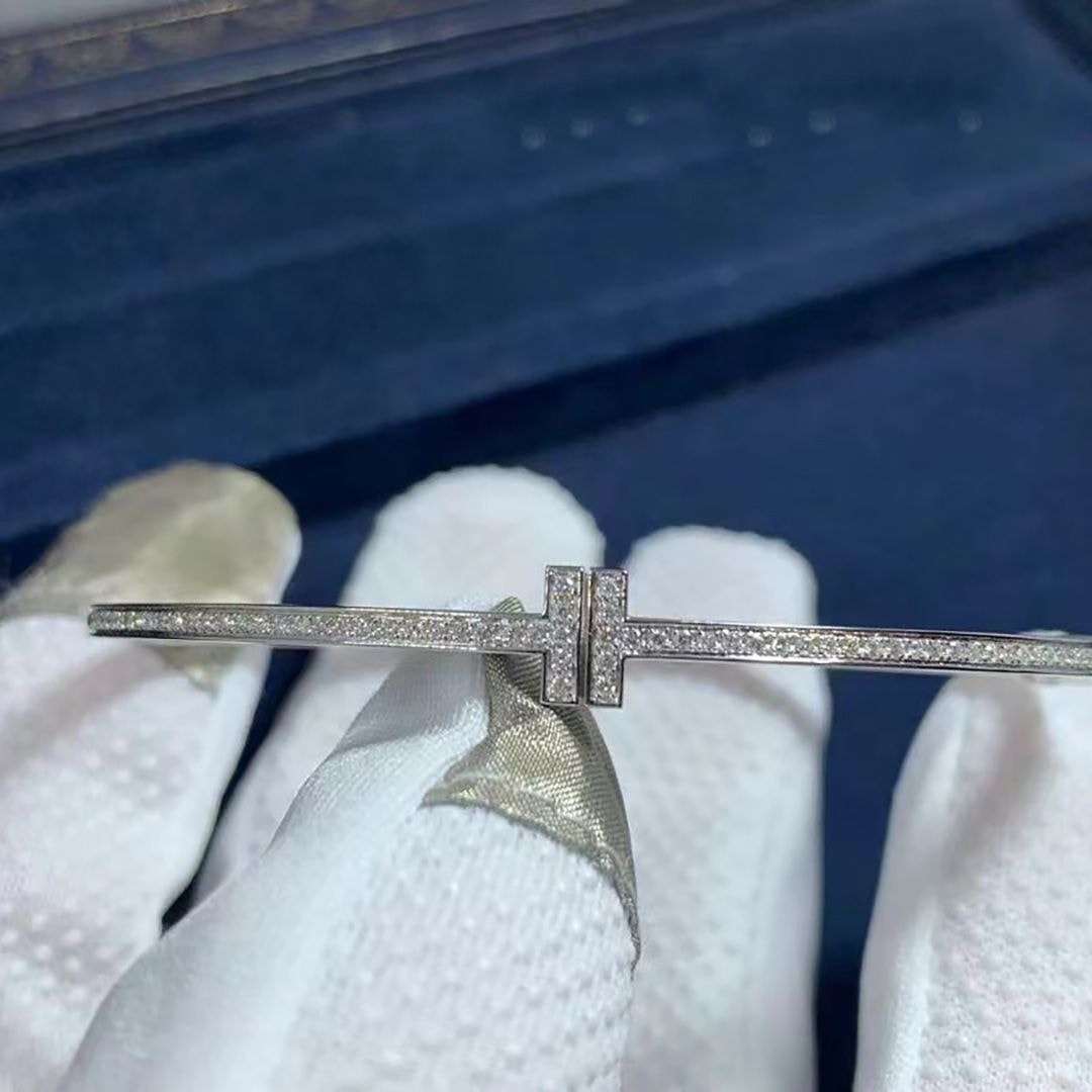 tiffany 18k white gold diamond hinged t wire bangle bracelet