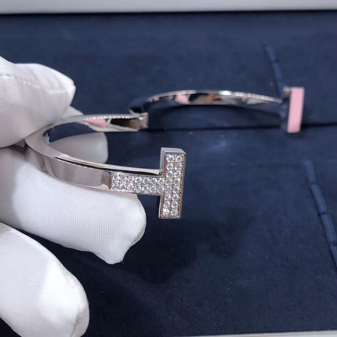 tiffany 18k white gold pave diamonds t square bracelet 7