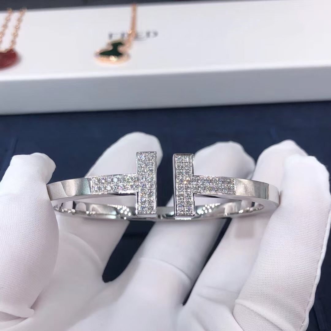 tiffany 18k white gold pave diamonds t square bracelet