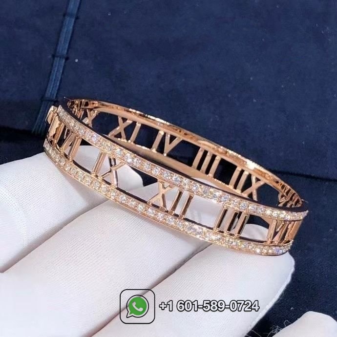 tiffany co. 18k rose gold diamond set atlas bangle bracelet 7