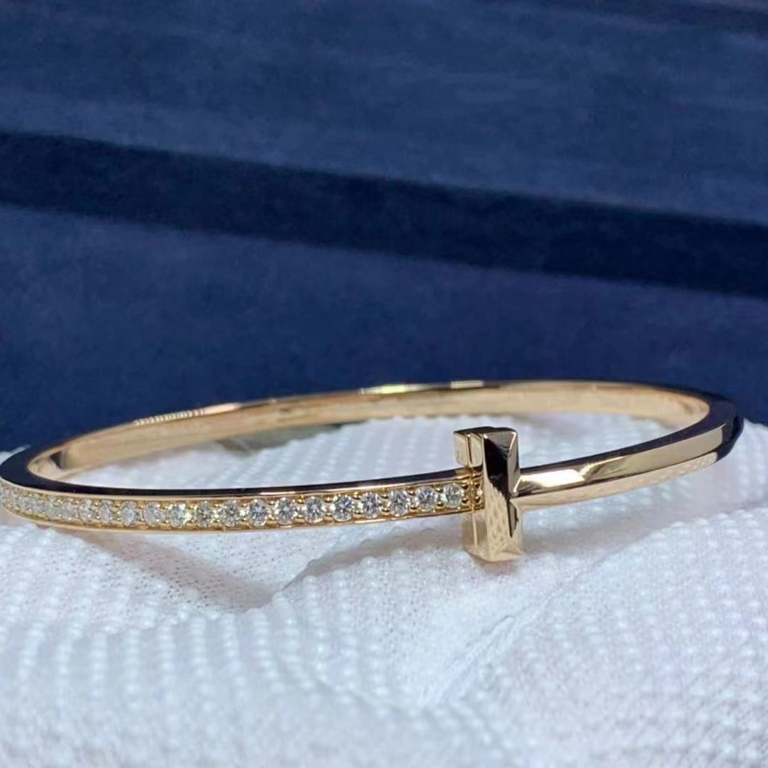 tiffany co. t t1 hinged rose gold with diamonds narrow bangle bracelet 1