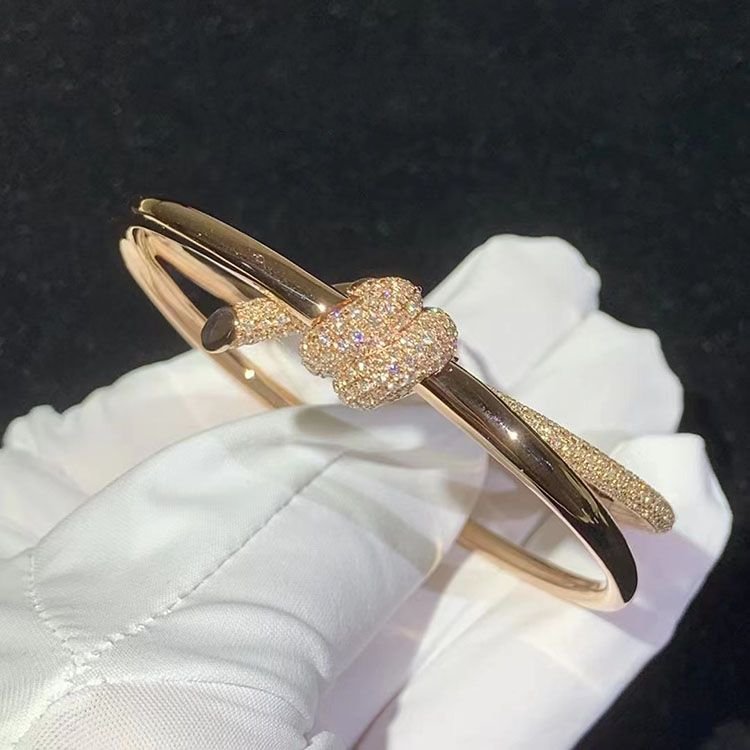 tiffany knot double row hinged 18k rose gold with diamonds bangle bracelet (1)