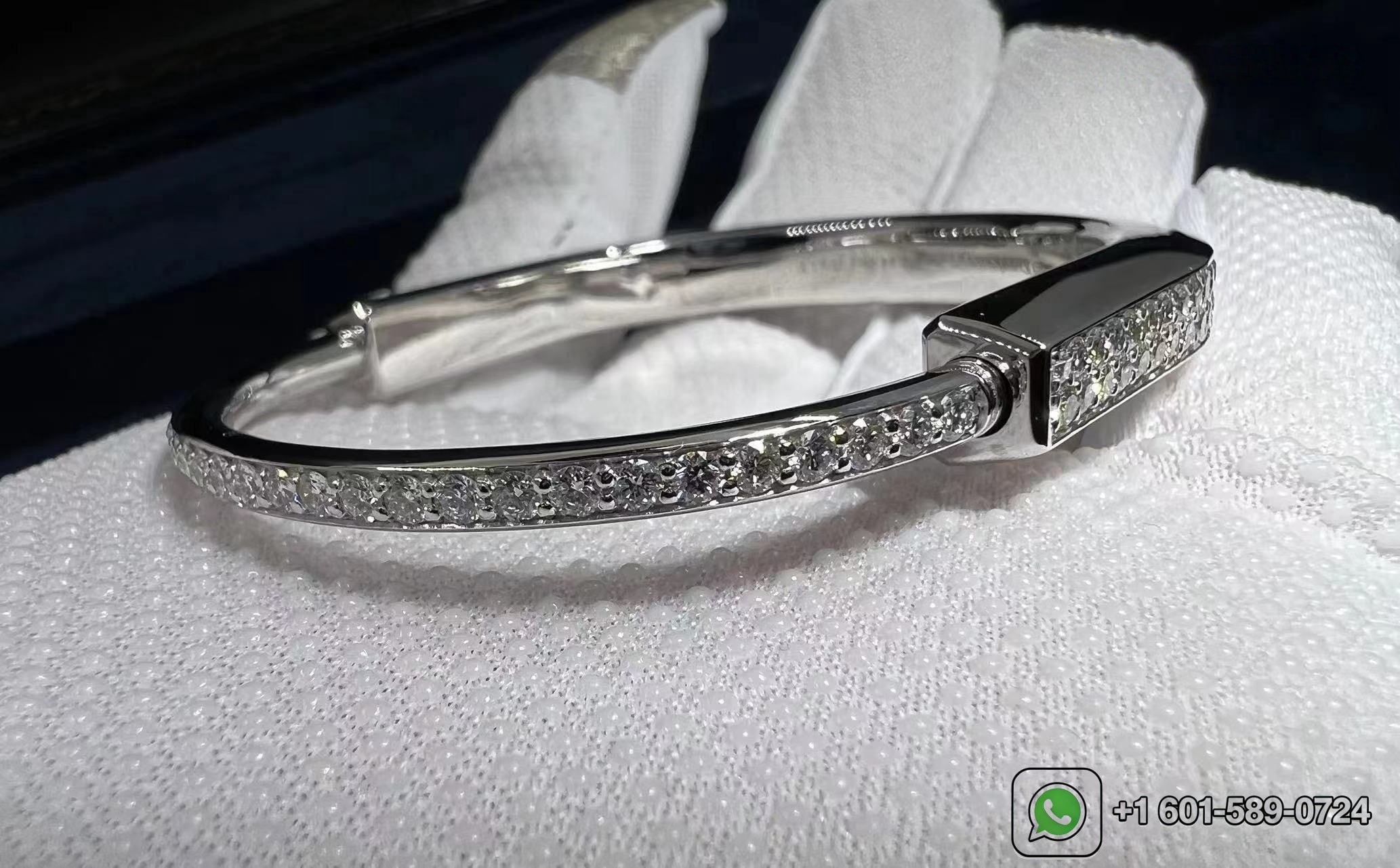 tiffany lock bangle bracelet in 18k white gold with full pave diamonds 1