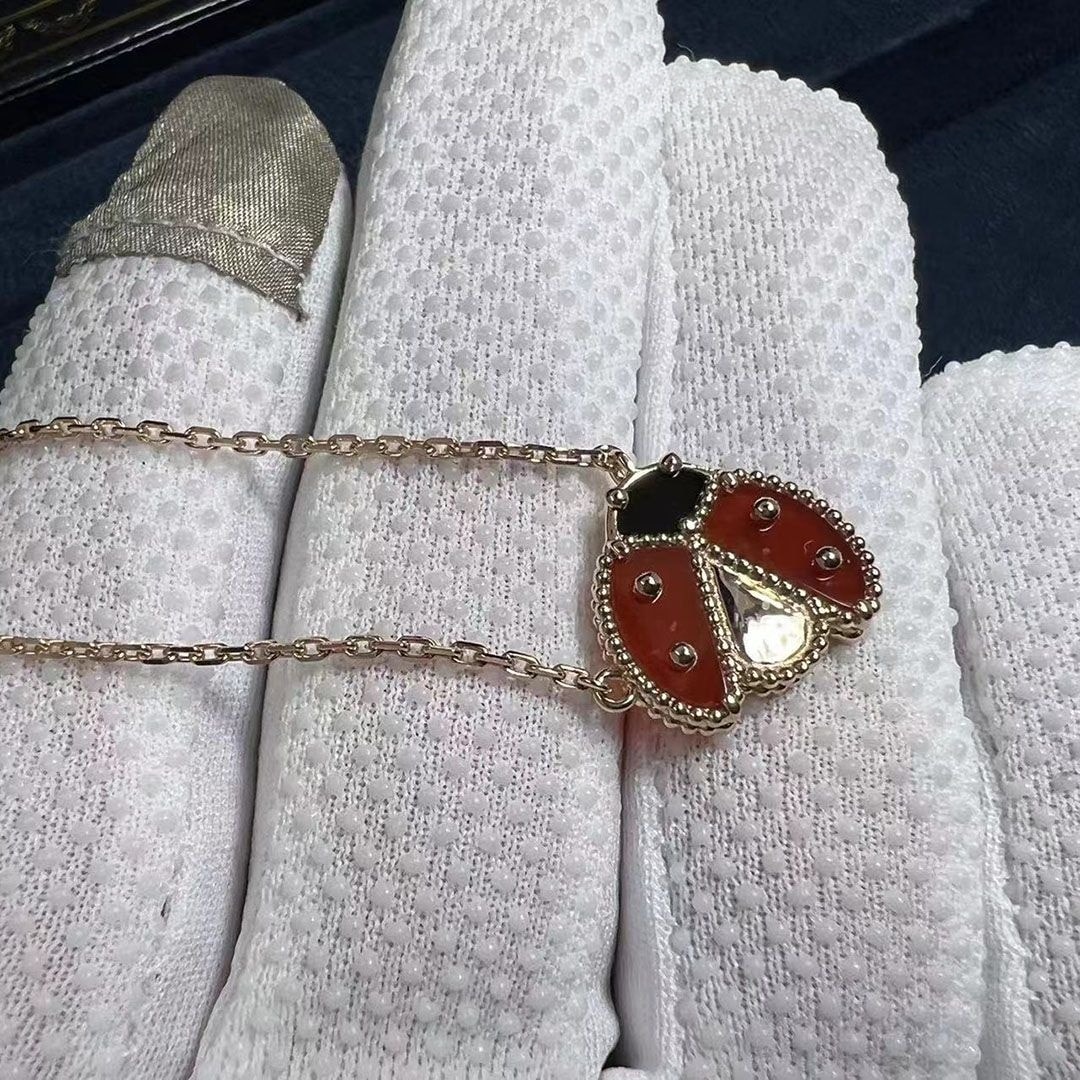 vca 18k rose gold lucky spring open wings ladybug carnelian onyx necklace vcarp9x000