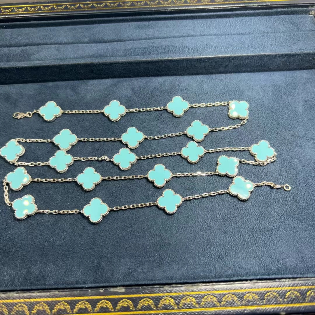 VCA-18k-White-Gold-Turquoise-20-Motifs-Vintage-Alhambra-Long-Necklace-1-1.jpg Van Cleef & Arpels 18k White Gold Turquoise 20 Motifs Vintage Alhambra Long Necklace - High Quality 18k Gold and Diamond Luxury Distinctive Collection Designer Jewelry Customized Factory Price - Image 2