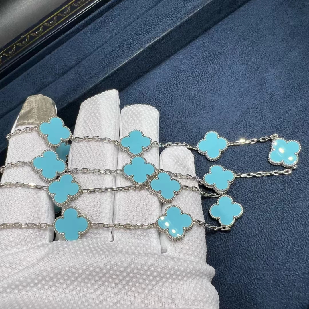 VCA-18k-White-Gold-Turquoise-20-Motifs-Vintage-Alhambra-Long-Necklace-10.jpg Van Cleef & Arpels 18k White Gold Turquoise 20 Motifs Vintage Alhambra Long Necklace - High Quality 18k Gold and Diamond Luxury Distinctive Collection Designer Jewelry Customized Factory Price - Image 11