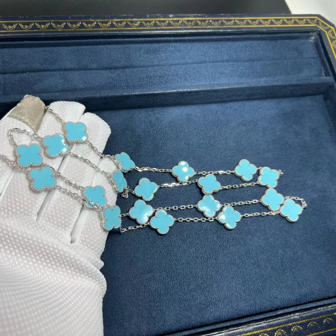 VCA-18k-White-Gold-Turquoise-20-Motifs-Vintage-Alhambra-Long-Necklace-11-1.jpg Van Cleef & Arpels 18k White Gold Turquoise 20 Motifs Vintage Alhambra Long Necklace - High Quality 18k Gold and Diamond Luxury Distinctive Collection Designer Jewelry Customized Factory Price - Image 12