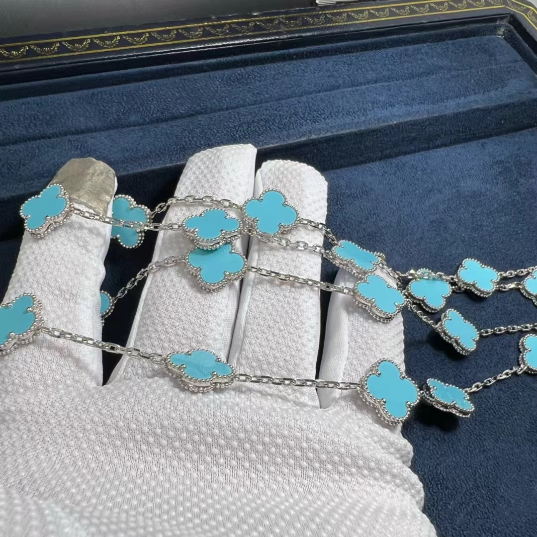 VCA-18k-White-Gold-Turquoise-20-Motifs-Vintage-Alhambra-Long-Necklace-2-1.jpg Van Cleef & Arpels 18k White Gold Turquoise 20 Motifs Vintage Alhambra Long Necklace - High Quality 18k Gold and Diamond Luxury Distinctive Collection Designer Jewelry Customized Factory Price - Image 4