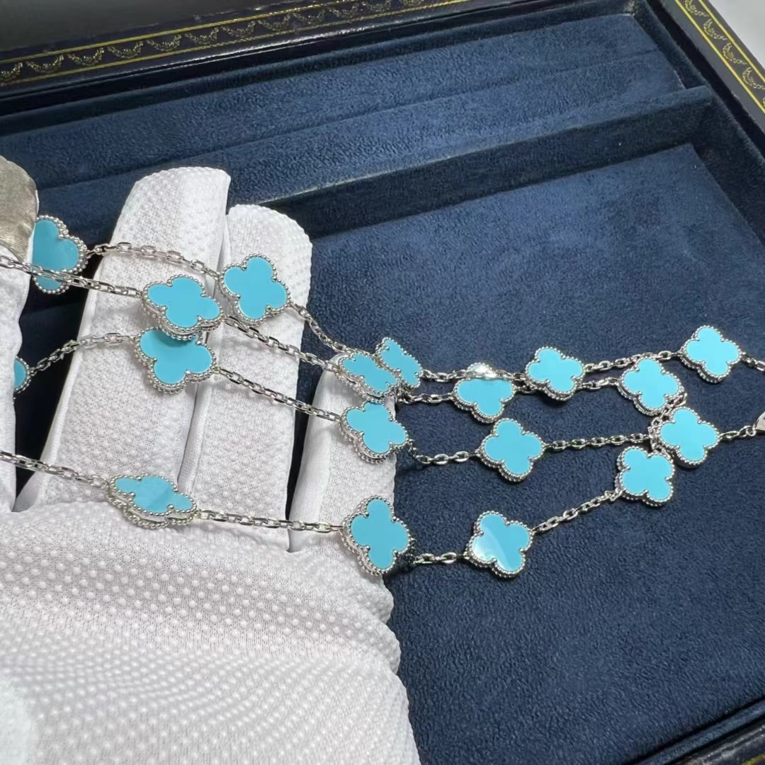 VCA-18k-White-Gold-Turquoise-20-Motifs-Vintage-Alhambra-Long-Necklace-3-1.jpg Van Cleef & Arpels 18k White Gold Turquoise 20 Motifs Vintage Alhambra Long Necklace - High Quality 18k Gold and Diamond Luxury Distinctive Collection Designer Jewelry Customized Factory Price - Image 5