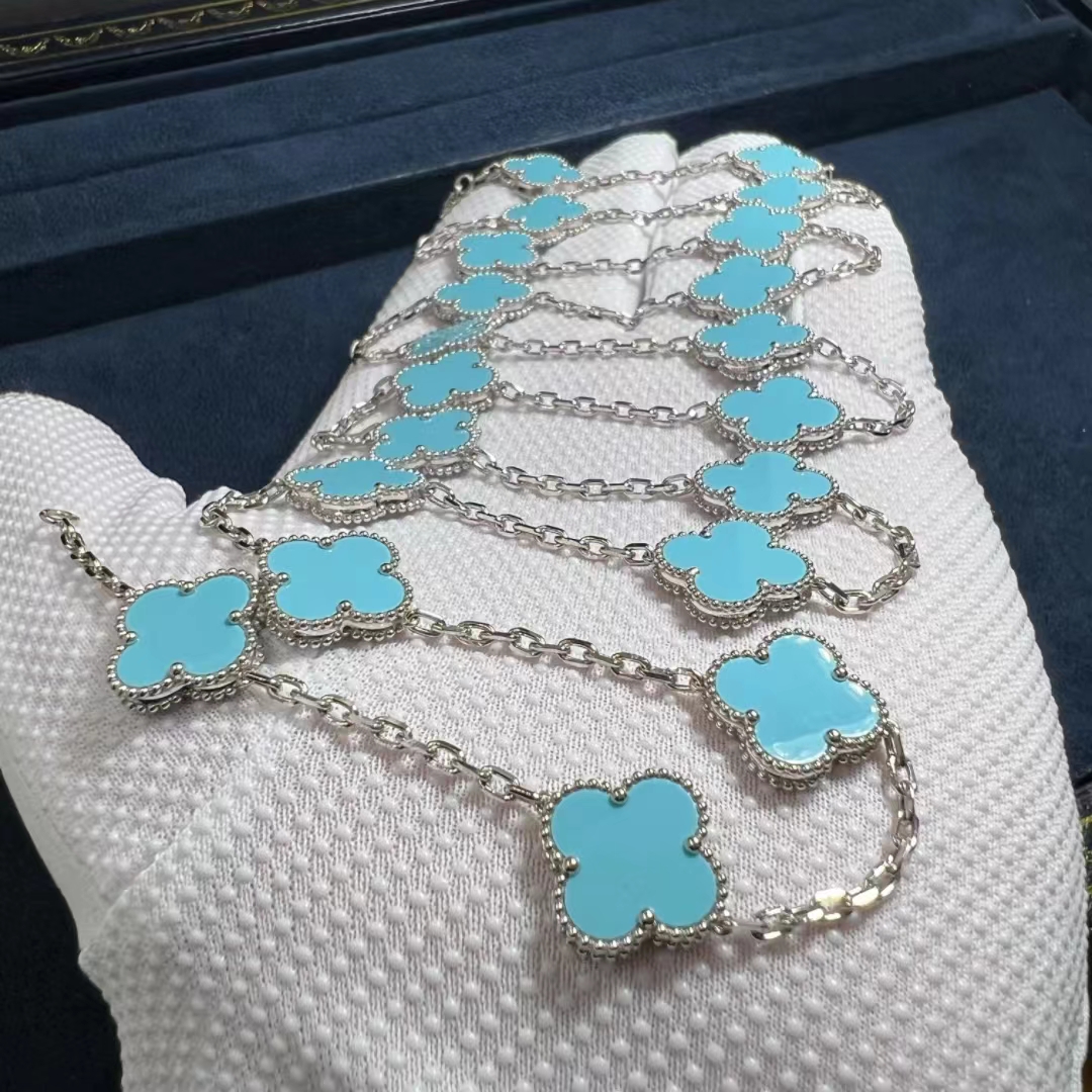 VCA-18k-White-Gold-Turquoise-20-Motifs-Vintage-Alhambra-Long-Necklace-4.jpg Van Cleef & Arpels 18k White Gold Turquoise 20 Motifs Vintage Alhambra Long Necklace - High Quality 18k Gold and Diamond Luxury Distinctive Collection Designer Jewelry Customized Factory Price - Image 6