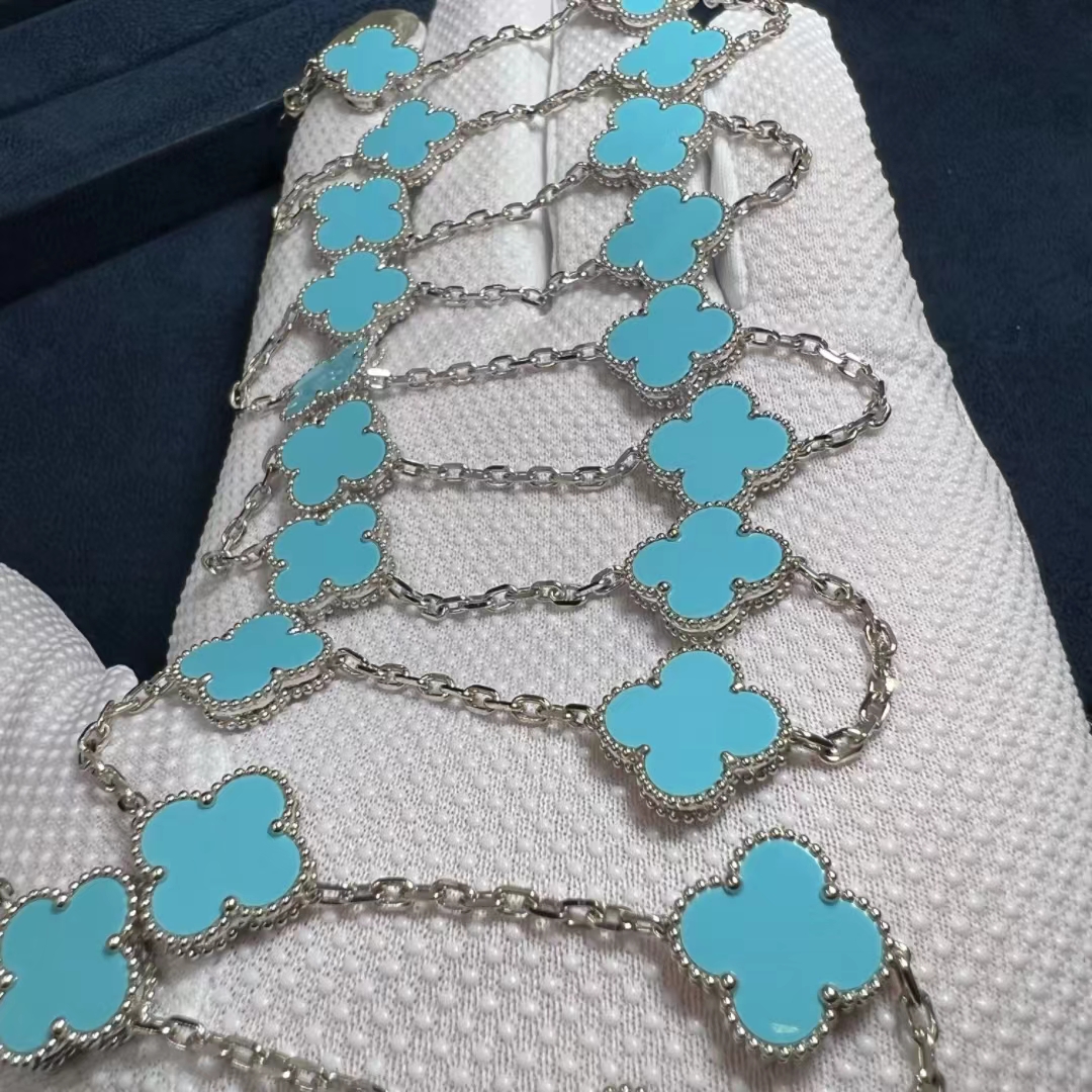 VCA-18k-White-Gold-Turquoise-20-Motifs-Vintage-Alhambra-Long-Necklace-5.jpg Van Cleef & Arpels 18k White Gold Turquoise 20 Motifs Vintage Alhambra Long Necklace - High Quality 18k Gold and Diamond Luxury Distinctive Collection Designer Jewelry Customized Factory Price - Image 7