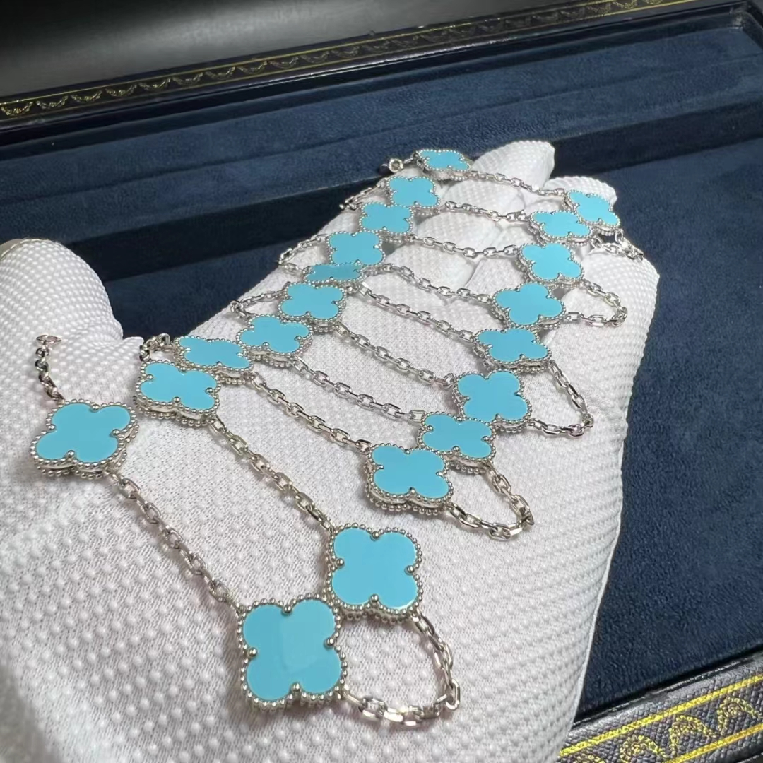 VCA-18k-White-Gold-Turquoise-20-Motifs-Vintage-Alhambra-Long-Necklace-6.jpg Van Cleef & Arpels 18k White Gold Turquoise 20 Motifs Vintage Alhambra Long Necklace - High Quality 18k Gold and Diamond Luxury Distinctive Collection Designer Jewelry Customized Factory Price - Image 8