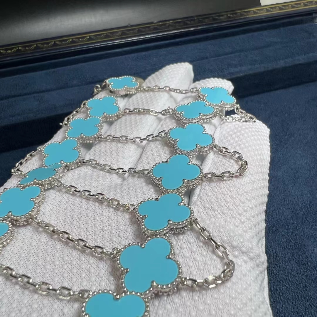 VCA-18k-White-Gold-Turquoise-20-Motifs-Vintage-Alhambra-Long-Necklace-7.jpg Van Cleef & Arpels 18k White Gold Turquoise 20 Motifs Vintage Alhambra Long Necklace - High Quality 18k Gold and Diamond Luxury Distinctive Collection Designer Jewelry Customized Factory Price - Image 9