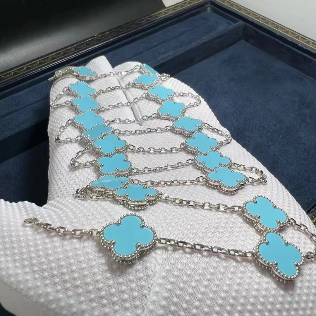 Van Cleef & Arpels 18k White Gold Turquoise 20 Motifs Vintage Alhambra Long Necklace - High Quality 18k Gold and Diamond Luxury Distinctive Collection Designer Jewelry Customized Factory Price VCA 18k White Gold Turquoise 20 Motifs Vintage Alhambra Long Necklace 8