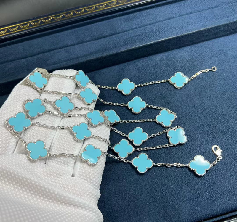 VCA-18k-White-Gold-Turquoise-20-Motifs-Vintage-Alhambra-Long-Necklace.jpg Van Cleef & Arpels 18k White Gold Turquoise 20 Motifs Vintage Alhambra Long Necklace - High Quality 18k Gold and Diamond Luxury Distinctive Collection Designer Jewelry Customized Factory Price - Image 3