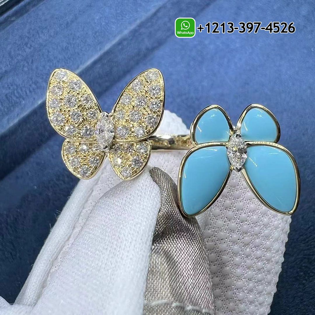 Van Cleef 18K Gold Diamond Turquoise Two Butterfly Between The Finger Ring VCARP7UZ00