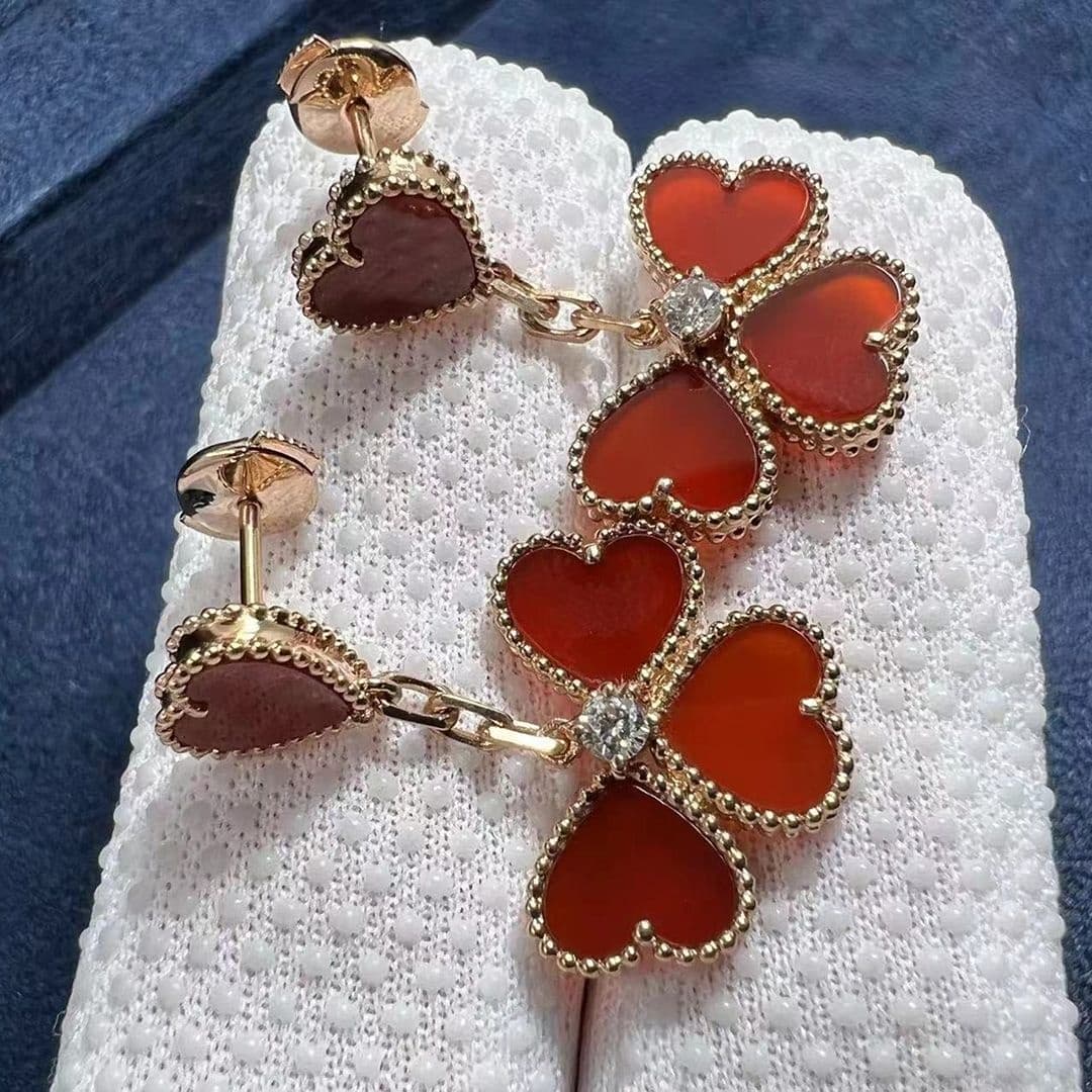 van cleef 18k rose gold diamond carnelian sweet alhambra effeuillage heart earrings vcarn5pp00