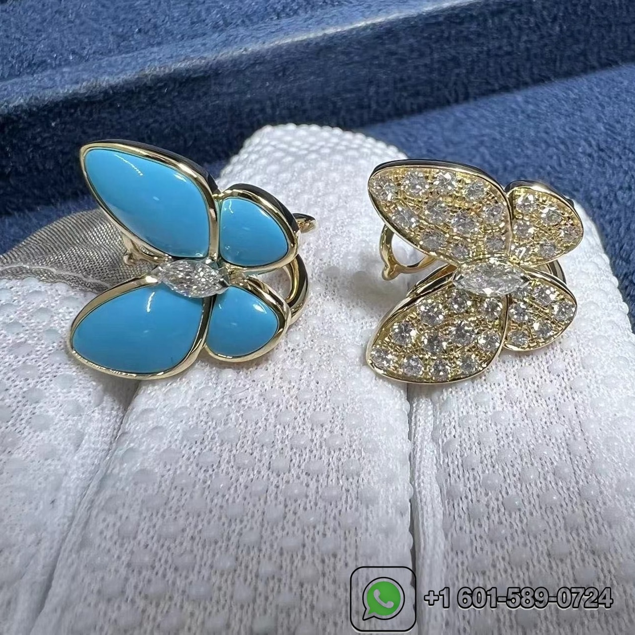 van cleef 18k yellow gold turquoise and diamonds two butterfly earrings vcarp7us00 1