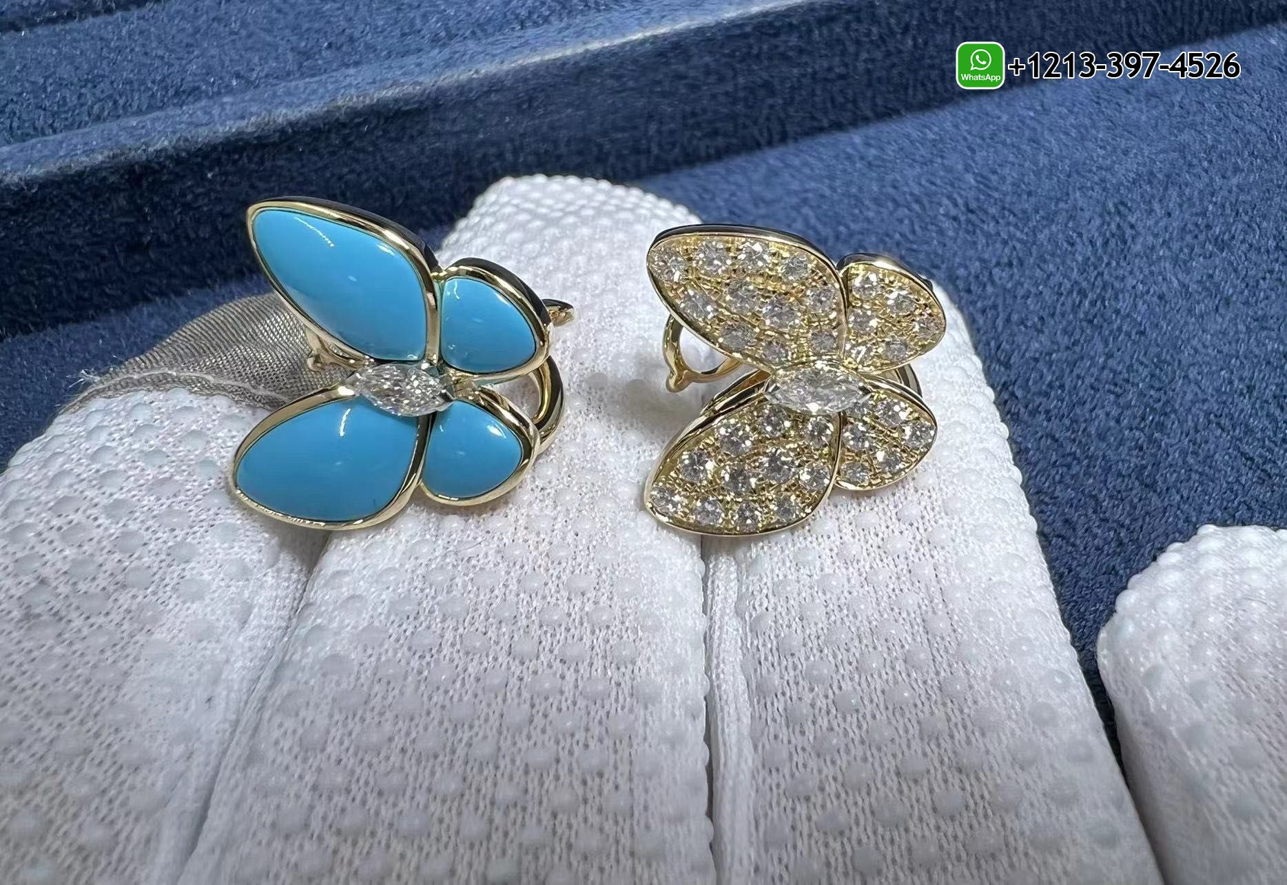 Van-Cleef-18K-Yellow-Gold-Turquoise-and-Diamonds-Two-Butterfly-Earrings-VCARP7US00-1.jpg Custom made Cheap 1:1 Best Quality Van Cleef 18K Yellow Gold Turquoise and Diamonds Two Butterfly Earrings - High Quality 18k Gold and Diamond Luxury Distinctive Collection Designer Jewelry Customized Factory Price - Image 2