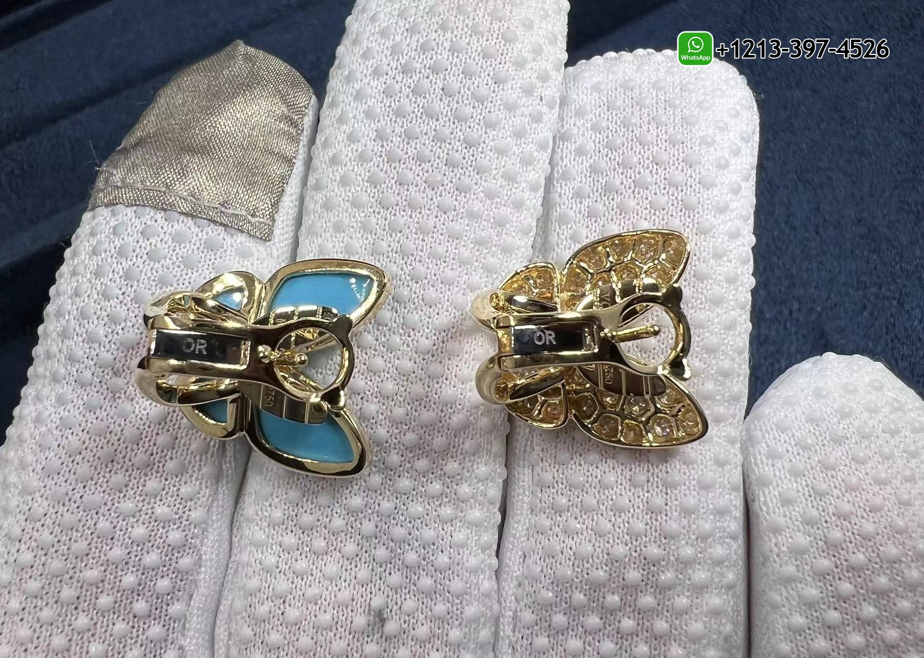 Van-Cleef-18K-Yellow-Gold-Turquoise-and-Diamonds-Two-Butterfly-Earrings-VCARP7US00-3.jpg Custom made Cheap 1:1 Best Quality Van Cleef 18K Yellow Gold Turquoise and Diamonds Two Butterfly Earrings - High Quality 18k Gold and Diamond Luxury Distinctive Collection Designer Jewelry Customized Factory Price - Image 4