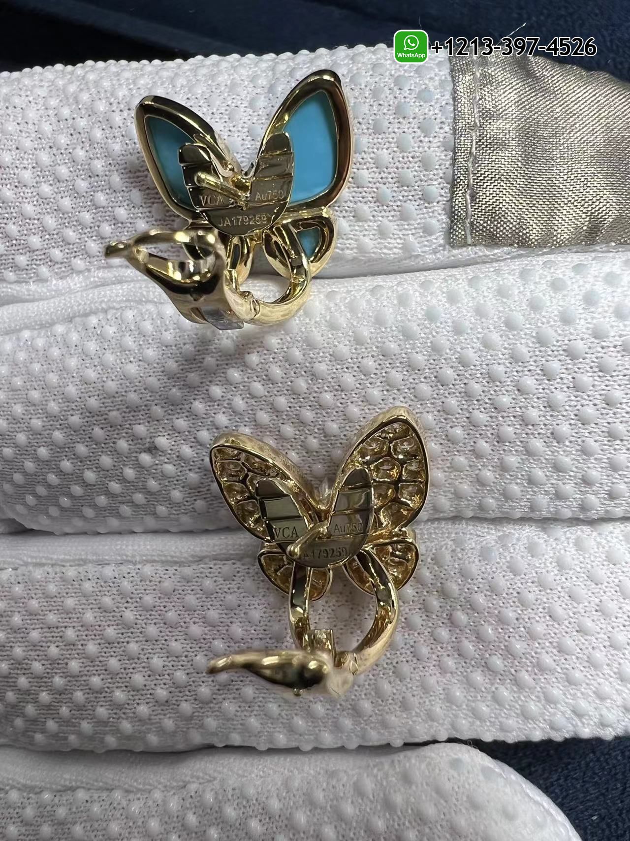 Van-Cleef-18K-Yellow-Gold-Turquoise-and-Diamonds-Two-Butterfly-Earrings-VCARP7US00-4.jpg Custom made Cheap 1:1 Best Quality Van Cleef 18K Yellow Gold Turquoise and Diamonds Two Butterfly Earrings - High Quality 18k Gold and Diamond Luxury Distinctive Collection Designer Jewelry Customized Factory Price - Image 5