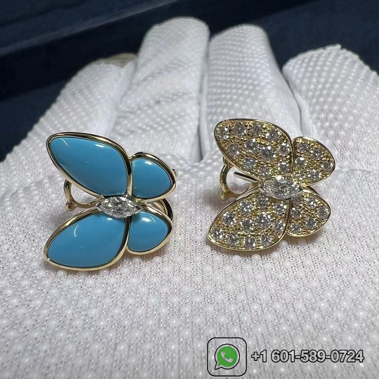 van cleef 18k yellow gold turquoise and diamonds two butterfly earrings vcarp7us00 5