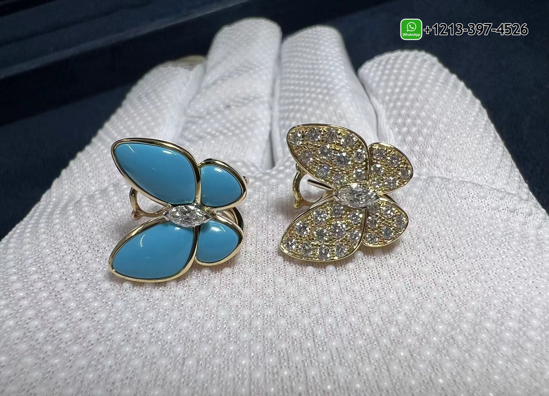 Van-Cleef-18K-Yellow-Gold-Turquoise-and-Diamonds-Two-Butterfly-Earrings-VCARP7US00-5.jpg Custom made Cheap 1:1 Best Quality Van Cleef 18K Yellow Gold Turquoise and Diamonds Two Butterfly Earrings - High Quality 18k Gold and Diamond Luxury Distinctive Collection Designer Jewelry Customized Factory Price - Image 6