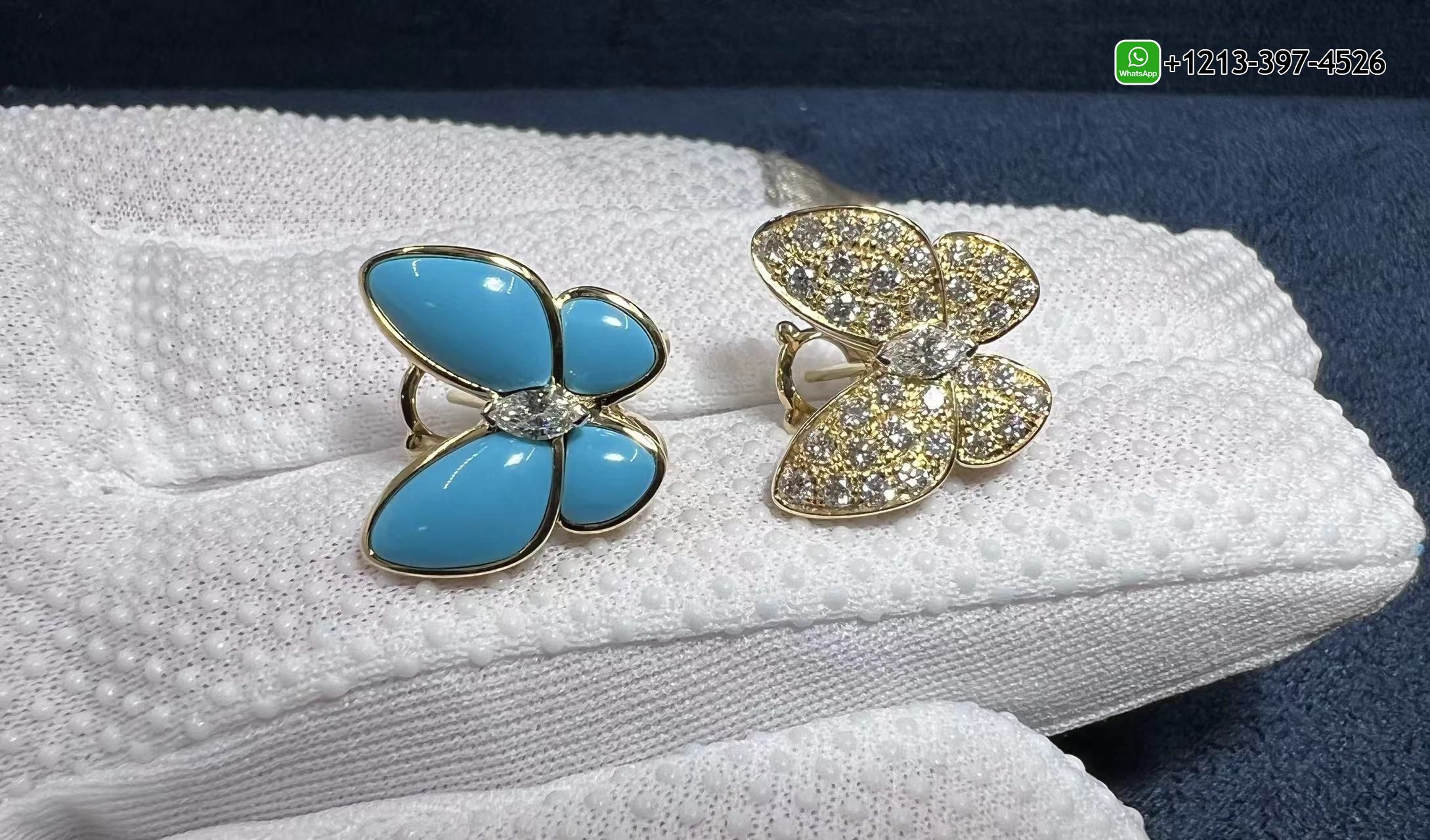 Van-Cleef-18K-Yellow-Gold-Turquoise-and-Diamonds-Two-Butterfly-Earrings-VCARP7US00-6.jpg Custom made Cheap 1:1 Best Quality Van Cleef 18K Yellow Gold Turquoise and Diamonds Two Butterfly Earrings - High Quality 18k Gold and Diamond Luxury Distinctive Collection Designer Jewelry Customized Factory Price - Image 7