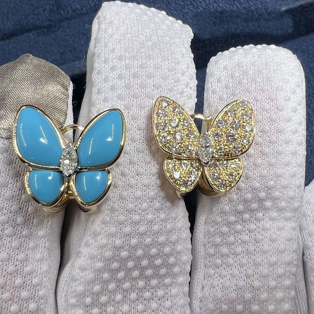 van cleef 18k yellow gold turquoise and diamonds two butterfly earrings vcarp7us00
