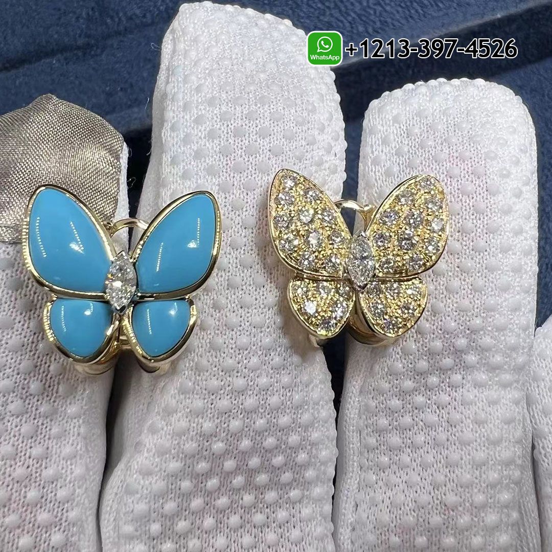 Custom made Cheap 1:1 Best Quality Van Cleef 18K Yellow Gold Turquoise and Diamonds Two Butterfly Earrings - High Quality 18k Gold and Diamond Luxury Distinctive Collection Designer Jewelry Customized Factory Price Van Cleef 18K Yellow Gold Turquoise And Diamonds Two Butterfly Earrings VCARP7US00