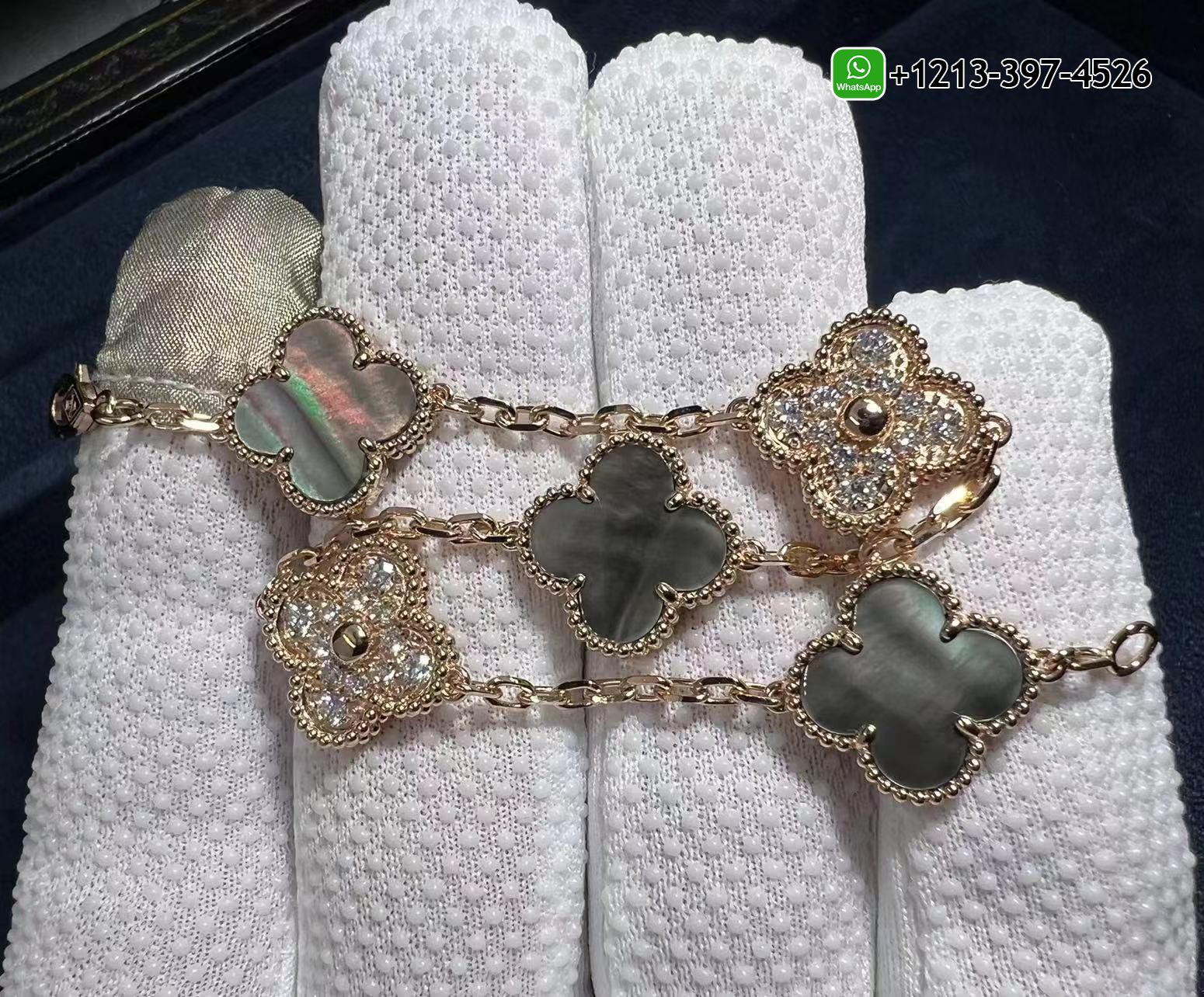Van-Cleef-18k-Rose-Gold-Vintage-Alhambra-Gray-Mother-of-Peal-Diamond-5-Motifs-Bracelet-VCARP2R100-1.jpg Custom Made Best Sellers Quality 1:1 Copy Van Cleef 18k Rose Gold Vintage Alhambra Gray Mother of Peal & Diamond 5 Motifs Bracelet - High Quality 18k Gold and Diamond Luxury Distinctive Collection Designer Jewelry Customized Factory Price - Image 2
