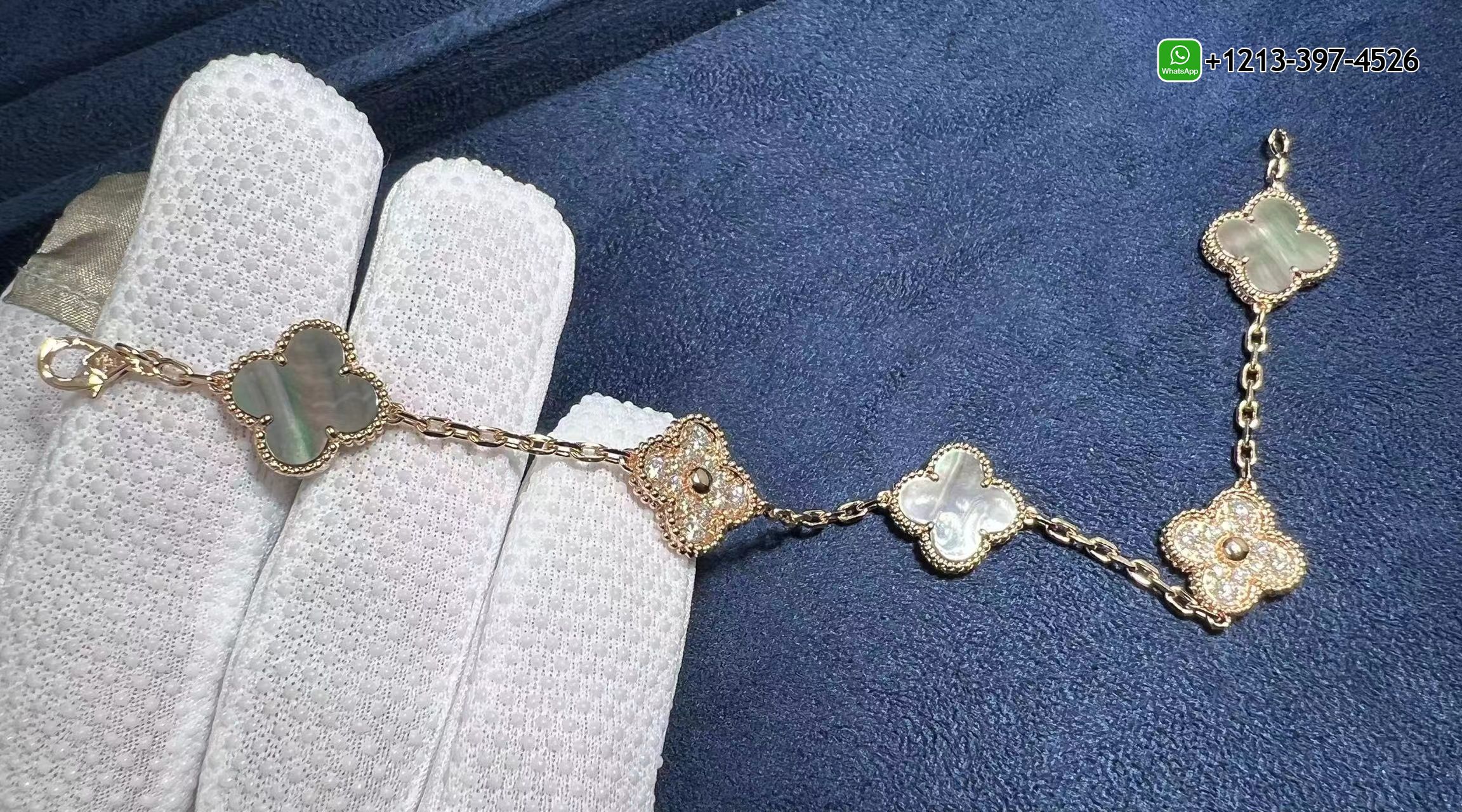 Van-Cleef-18k-Rose-Gold-Vintage-Alhambra-Gray-Mother-of-Peal-Diamond-5-Motifs-Bracelet-VCARP2R100-2.jpg Custom Made Best Sellers Quality 1:1 Copy Van Cleef 18k Rose Gold Vintage Alhambra Gray Mother of Peal & Diamond 5 Motifs Bracelet - High Quality 18k Gold and Diamond Luxury Distinctive Collection Designer Jewelry Customized Factory Price - Image 3