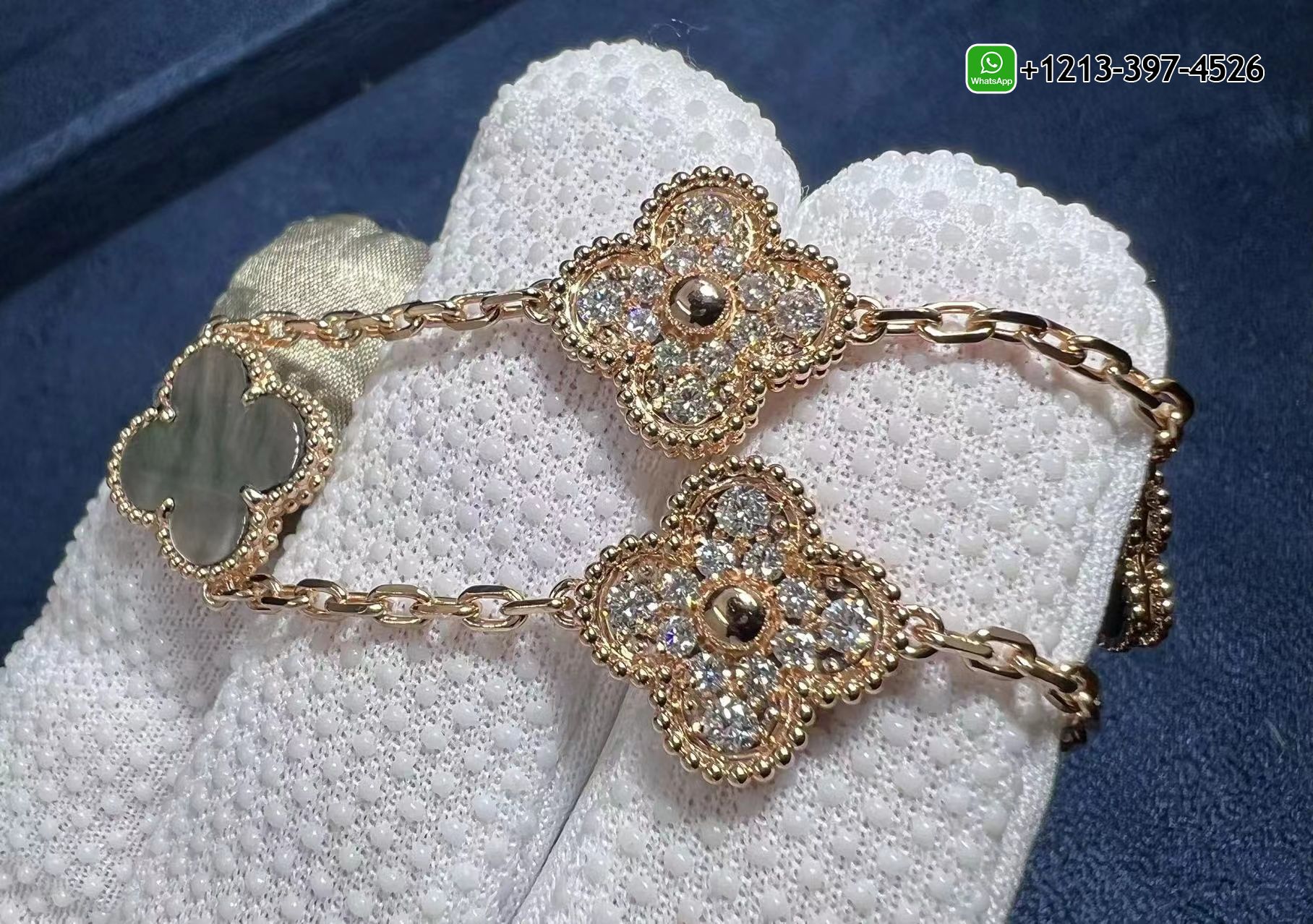 Van-Cleef-18k-Rose-Gold-Vintage-Alhambra-Gray-Mother-of-Peal-Diamond-5-Motifs-Bracelet-VCARP2R100-3.jpg Custom Made Best Sellers Quality 1:1 Copy Van Cleef 18k Rose Gold Vintage Alhambra Gray Mother of Peal & Diamond 5 Motifs Bracelet - High Quality 18k Gold and Diamond Luxury Distinctive Collection Designer Jewelry Customized Factory Price - Image 4