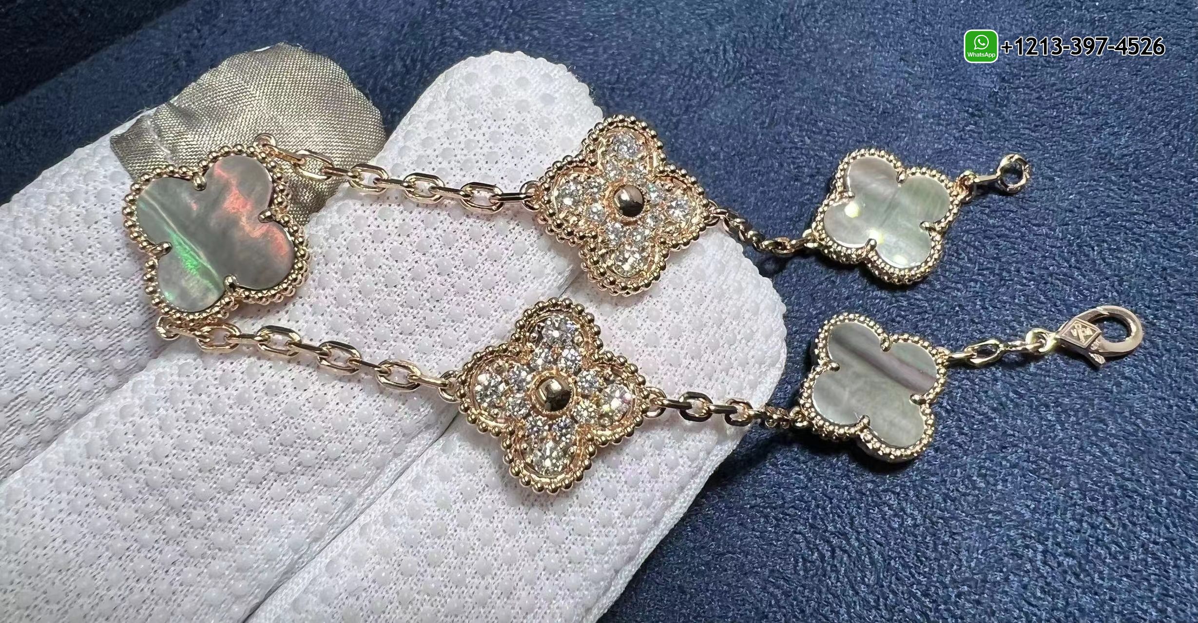 Van-Cleef-18k-Rose-Gold-Vintage-Alhambra-Gray-Mother-of-Peal-Diamond-5-Motifs-Bracelet-VCARP2R100-4.jpg Custom Made Best Sellers Quality 1:1 Copy Van Cleef 18k Rose Gold Vintage Alhambra Gray Mother of Peal & Diamond 5 Motifs Bracelet - High Quality 18k Gold and Diamond Luxury Distinctive Collection Designer Jewelry Customized Factory Price - Image 5