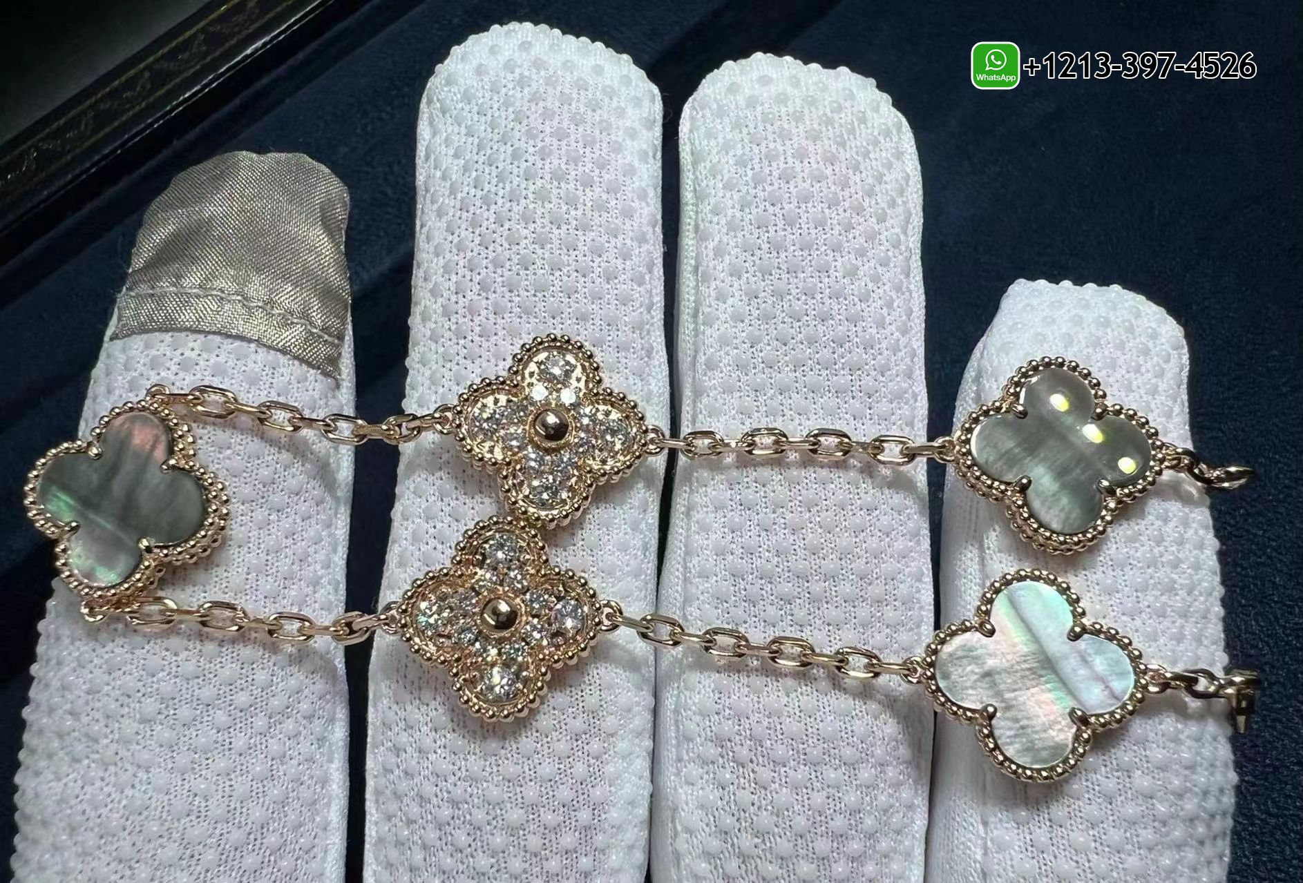 Van-Cleef-18k-Rose-Gold-Vintage-Alhambra-Gray-Mother-of-Peal-Diamond-5-Motifs-Bracelet-VCARP2R100-5.jpg Custom Made Best Sellers Quality 1:1 Copy Van Cleef 18k Rose Gold Vintage Alhambra Gray Mother of Peal & Diamond 5 Motifs Bracelet - High Quality 18k Gold and Diamond Luxury Distinctive Collection Designer Jewelry Customized Factory Price - Image 6